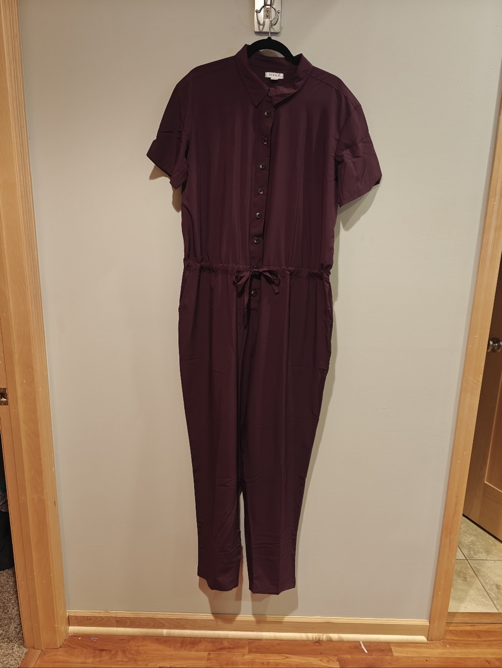 Serra Button-Front Short-Sleeve Jumpsuit in Plum